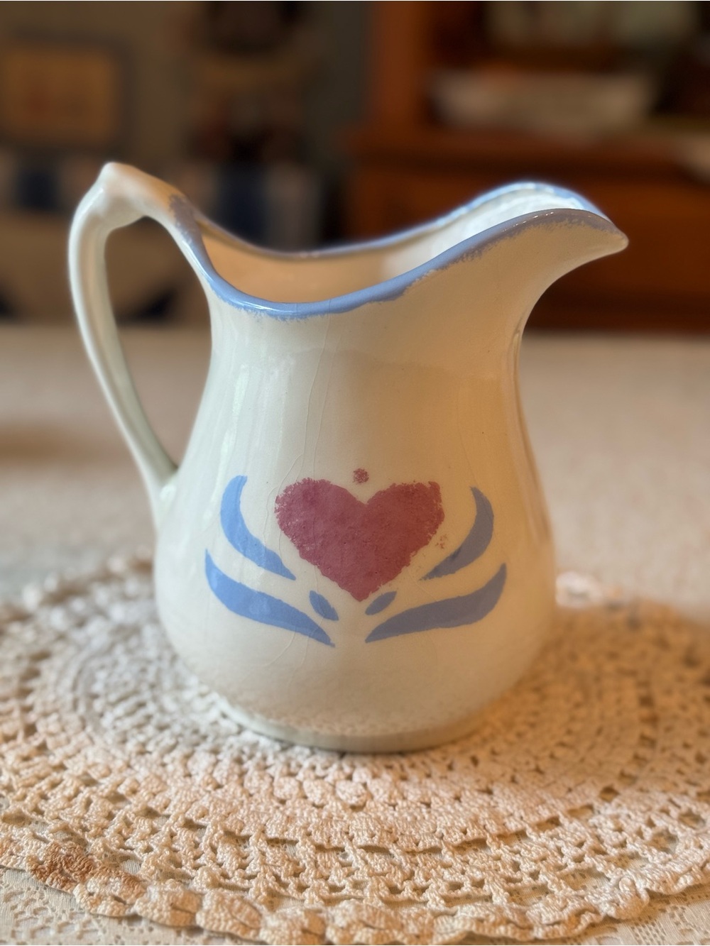 Cottage Core Cream Ceramic Pitcher with Heart and Blue Accent
